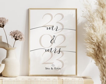 Wedding Picture Personalized With Names And Date For The Bride And Groom Mural Anniversary And Jubilee Minimalist Mr&Mrs Print