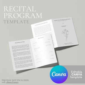 Plantilla de programa de recital/carta de EE. UU., diseño simple/piano, plantilla editable de Canva, programa imprimible y plegable