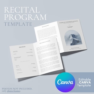 Modelo de programa de recital solo simples e elegante, design simples, modelo Canva editável, programa para impressão bi-fold, carta dos EUA