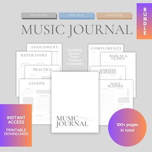 Pacote de diário musical digital para impressão, planejador de prática para músicos, registro de rastreamento, diário de prática de graduação em música da universidade, PDF Goodnotes, carta dos EUA