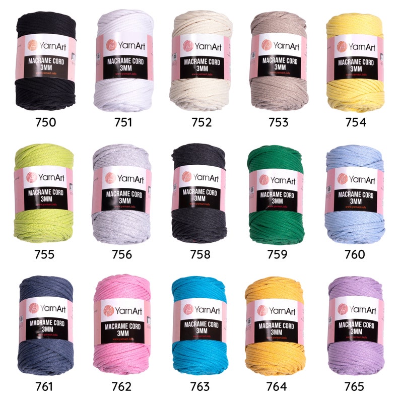 May include: Assortment of 15 spools of 3mm macrame cord in various colors including black, white, beige, yellow, green, gray, blue, pink, turquoise, and purple. Each spool has a label that reads 'YarnArt' and 'Macrame Cord 3MM'.