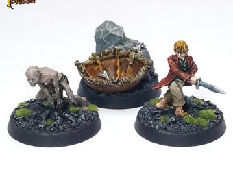 Malowane zagadki w ciemności, Bilbo Baggins, Gollum. Zlecenie malowania MESBG, Śródziemie. Ręcznie malowana miniatura