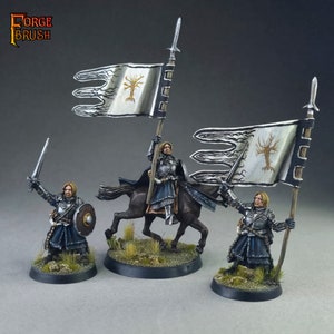 May include: Three painted miniature figures of knights, one on horseback, holding swords and shields. The knight on horseback is holding a white flag with a black tree design. The flag reads "FORGE BRUSH".