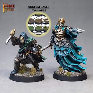 May include: Two fantasy miniatures, one a hooded figure with a dagger and the other a skeletal figure in blue and gold armor, are posed on black bases with green grass tufts. The image includes the text "CUSTOM BASES AVAILABLE" and a selection of different green grass tufts.
