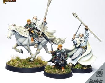 Painted Gandalf the White and Peregrin Took, Middle Earth Strategy Battle Game. MESBG miniatures. Hand painted miniature