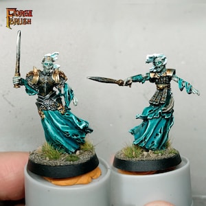 Puede incluir: Dos figuras de fantasía en miniatura, cada una con una espada, están sobre una base con hierba. Las figuras visten túnicas y armaduras de color verde azulado con detalles dorados. Las figuras tienen la piel pálida y están en posición de batalla.