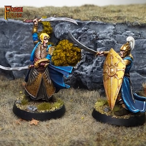 Puede incluir: Dos figuras en miniatura de elfos con armadura dorada, una empuñando una espada y un escudo, la otra con dos espadas. Las figuras están en posición de combate contra un fondo rocoso.