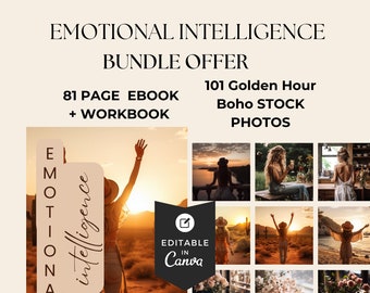 Paquete de libros electrónicos y libros de trabajo sobre inteligencia emocional, incluye 102 fotografías de archivo del estilo de vida bohemio de Golden Hour, hechas para usted, herramientas de entrenamiento PLR/MRR