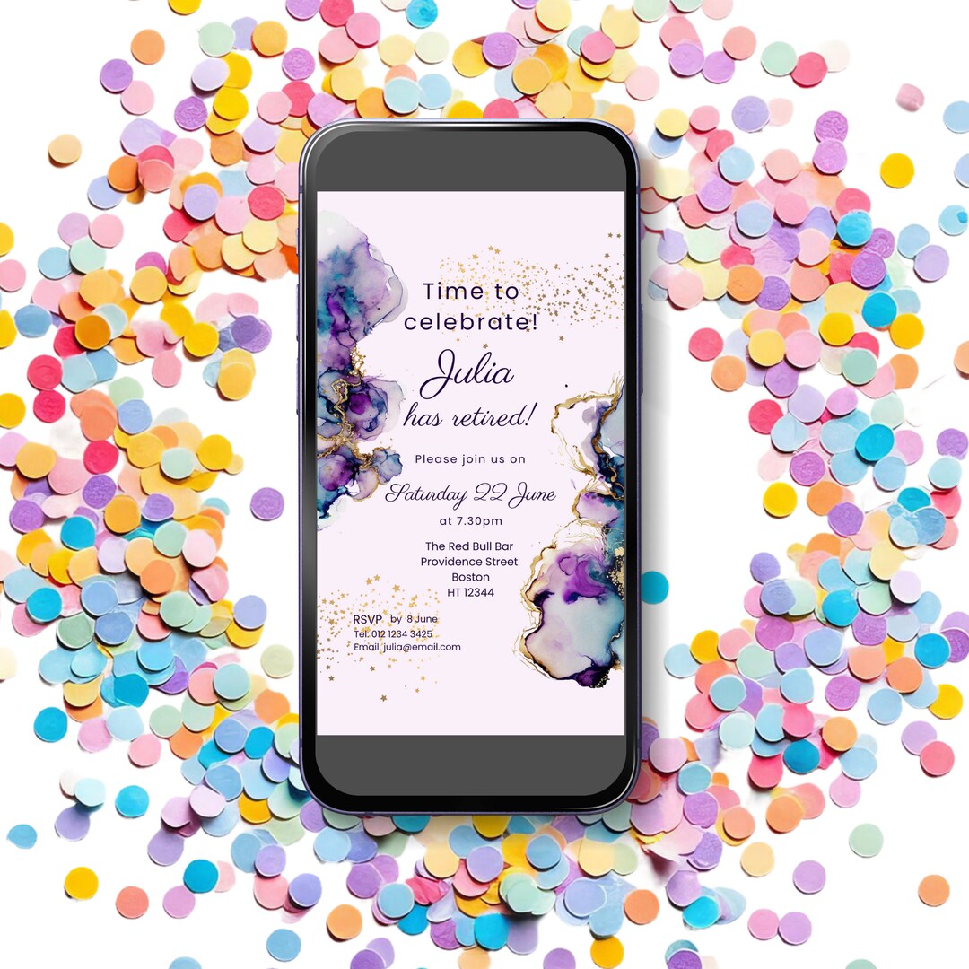 Retirement Party Digital Invitation Animated Purple and Gold Etsy