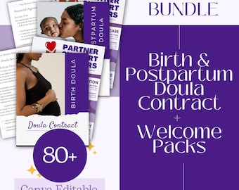 May include: Purple and white Canva template bundle for birth and postpartum doulas. The bundle includes 80+ editable pages, a doula contract, and welcome packs. The text "Birth & Postpartum Doula Contract + Welcome Packs" is displayed in a large white font on a purple background.