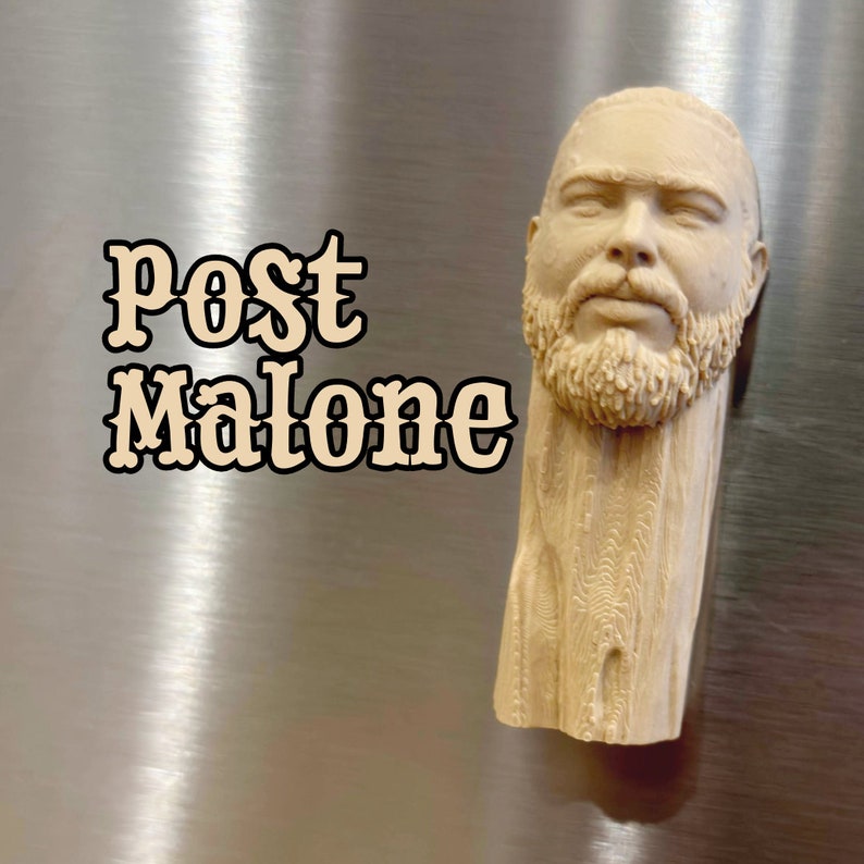 May include: A beige 3D printed bust of Post Malone, with a detailed face and beard. The bust is on a silver background.