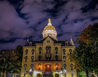 Night photo of the famous Golden Dome at the University of Notre Dame. Digital download. Printable. Wall art. Ready to print.