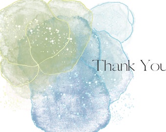 Thank You Note Card Blue in Green Watercolor