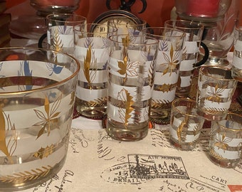 Vintage Libbey MCM Gold Leaf Glass Complete Set 6 Tall Glasses, 6 Shot Glasses and an Ice Bucket Foliage Pattern Gold Rim Barware 1960s