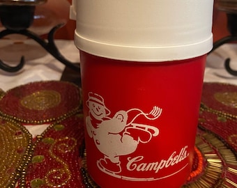 Campbells Soup Skating Snowman Thermos |  Aladdin Ware | Cup and Stopper | Vintage 1970s