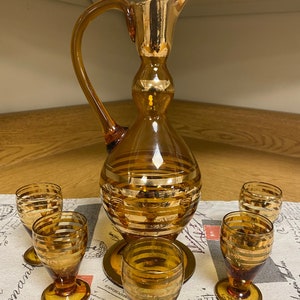 Bohemian Decanter with 5 Cordial Glasses Set Amber and Gold Branded MCM Vintage Rare 1960s