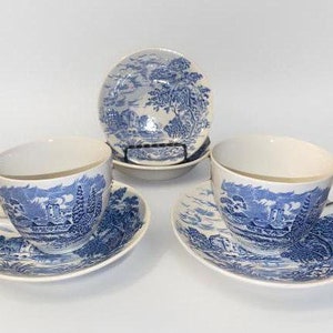 Könnte beinhalten: Zwei blaue und weiße Teetassen und Untertassen mit einem Blumenmuster. Die Teetassen haben ein weißes Innere und ein blaues und weißes Blumenmuster auf der Außenseite. Die Untertassen haben ein weißes Innere und ein blaues und weißes Blumenmuster auf der Außenseite.