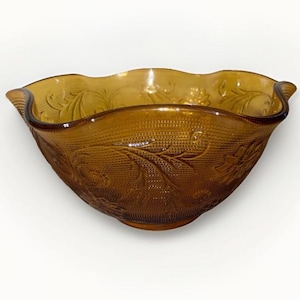 Tiara Indiana Glass Amber Sandwich Glass Serving Bowl w Scalloped Edges | Desert Gold | 10” | Vintage 1980s