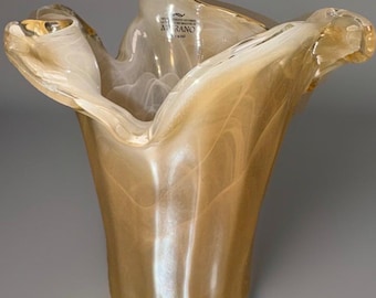 Murano Art Glass Handkerchief Vase Made in Italy Butterscotch Marble Champagne w/ Original Sticker 8.5”