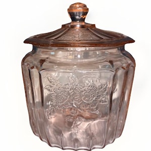 Anchor Hocking Mayfair Open Rose Glass Deckeldose | Rosa Depression | Keksdose Keksdose Apothekerdose | Jahrgang 1930er Jahre