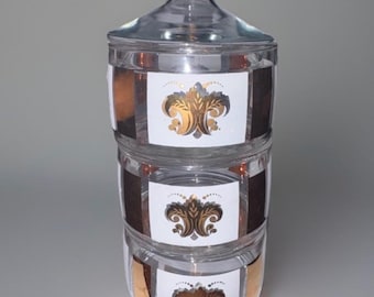 Cuencos apilables vintage Anchor Hocking Fleur De Lis para dulces y frutos secos, oro de 22 quilates, estilo MCM de los años 60.