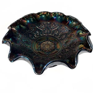 Fenton Carnival Glass Hearts & Flowers  Bowl | Cobalt Blue + Electric Amethyst Carnival Glass | Iridescent | 10&quot; | Vintage