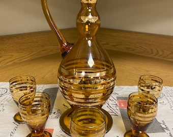 Bohemian Decanter with 5 Cordial Glasses Set Amber and Gold Branded MCM Vintage Rare 1960s