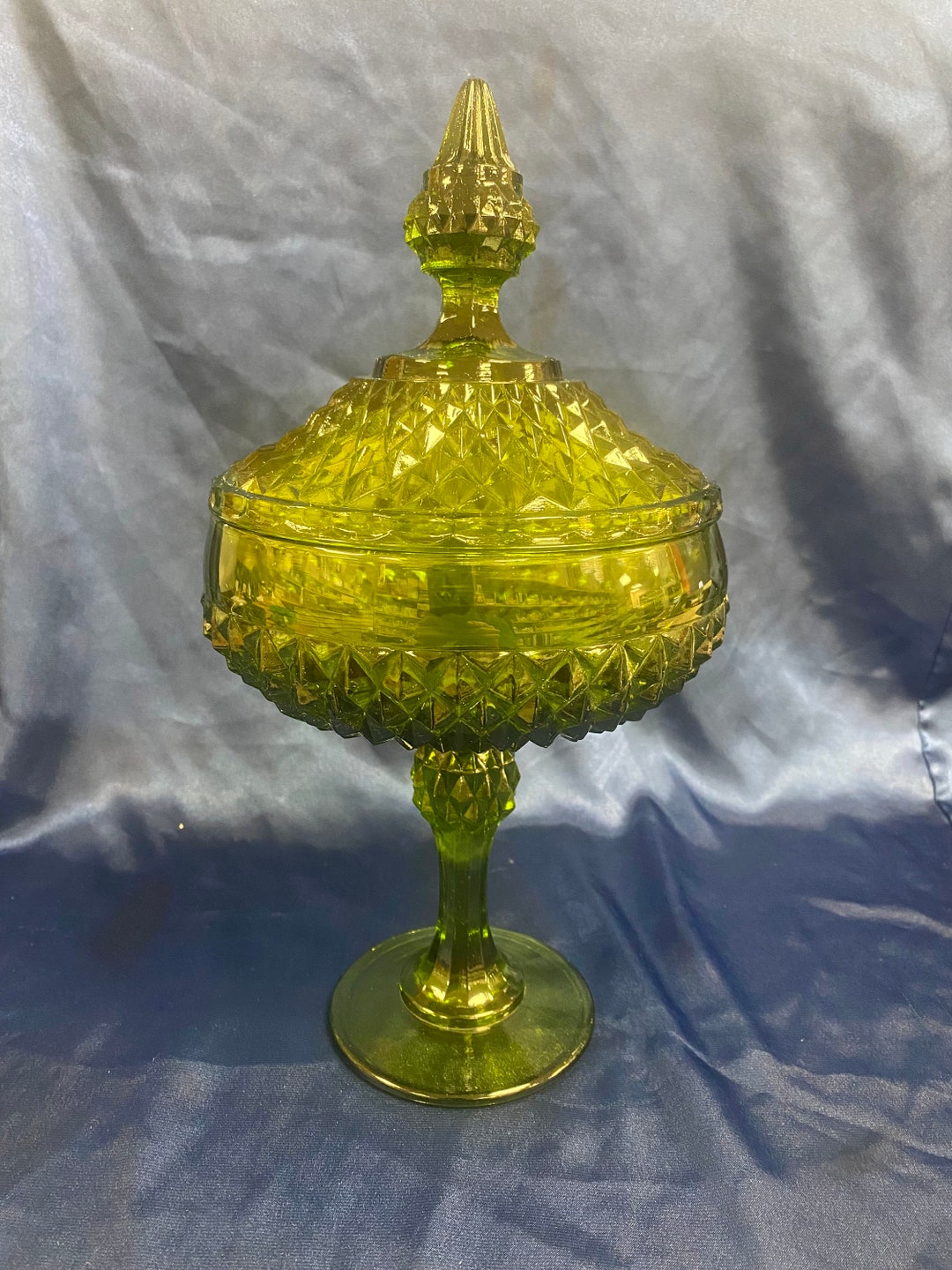 Indiana Glass Green Pedestal Candy Dish With Lid Diamond Point Pattern