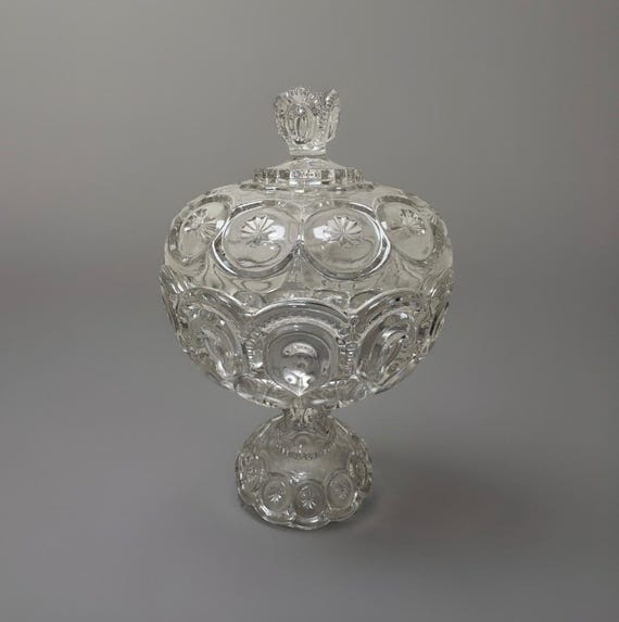 Vintage LE Smith Moon Stars Lidded Pedestal Candy Dish Adams Palace Tall 11.5” 1960s