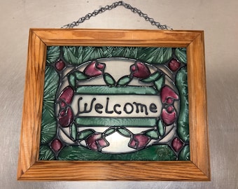 Vintage welkomstbord gebrandschilderd glas ingelijst met bloemen 12 x 10 inch