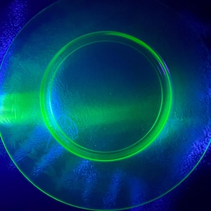 Uranium Vaseline Glass Plate | Floral Etched Pattern | 7.5” | Glowy Glass | Vintage 1920s