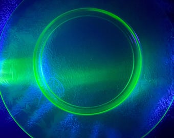 Uranium Vaseline Glass Plate | Floral Etched Pattern | 7.5” | Glowy Glass | Vintage 1920s