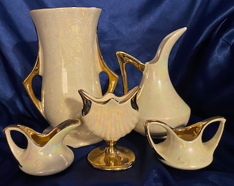 Pioneer Pottery Pearlescent Vases and Accents | Set of 5 | Hand Decorated | 22kt Gold Trim 1950s