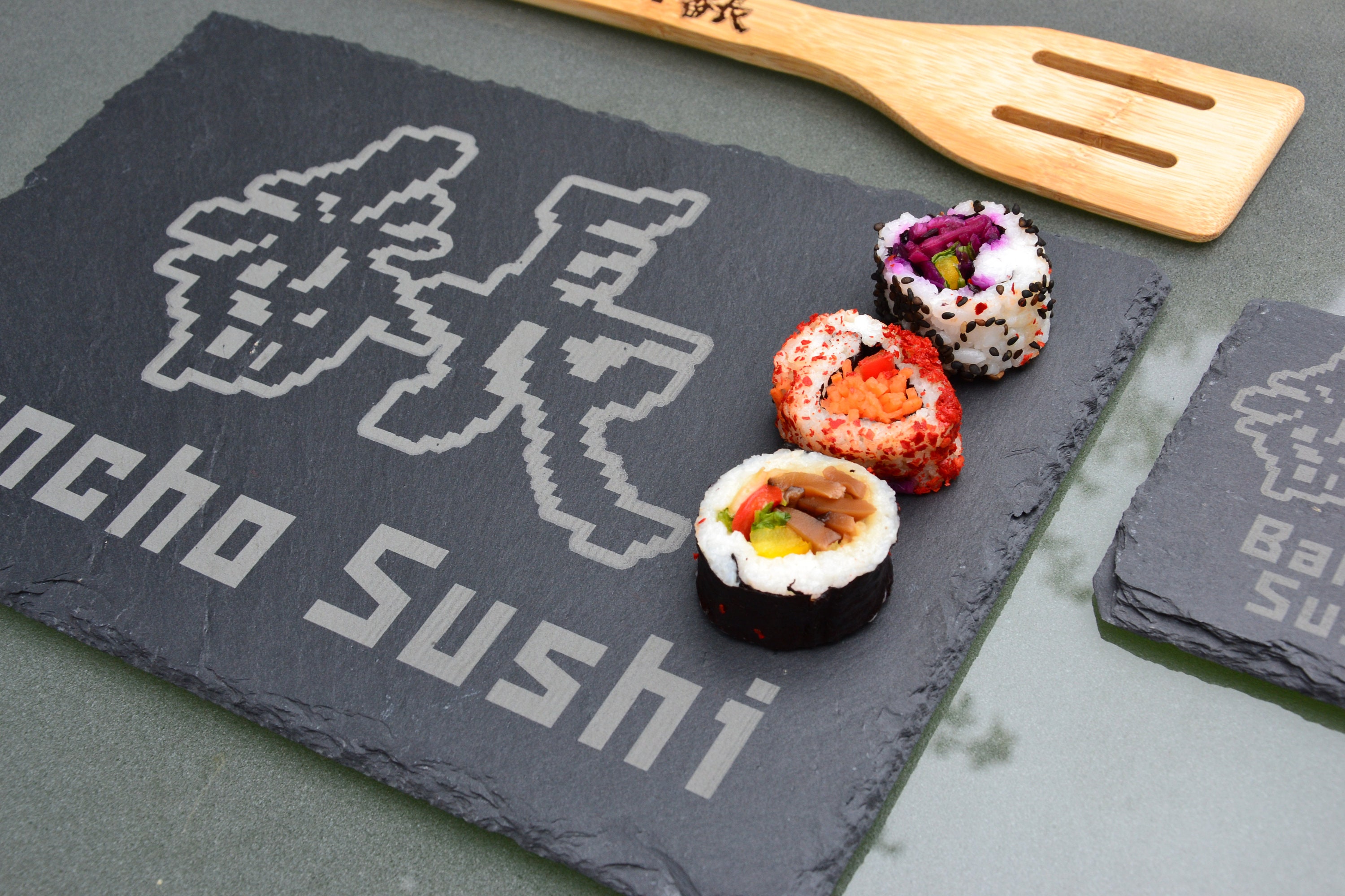 Bancho Sushi Slate Serving Board + Slate Coaster + Bamboo Spatula