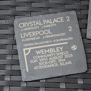 Könnte beinhalten: Ein dunkelgrauer Schieferuntersetzer mit weißem Text, der ein Fußballspiel zwischen Crystal Palace und Liverpool im Wembley-Stadion beschreibt. Der Untersetzer enthält Datum, Uhrzeit und Zuschauerzahl.