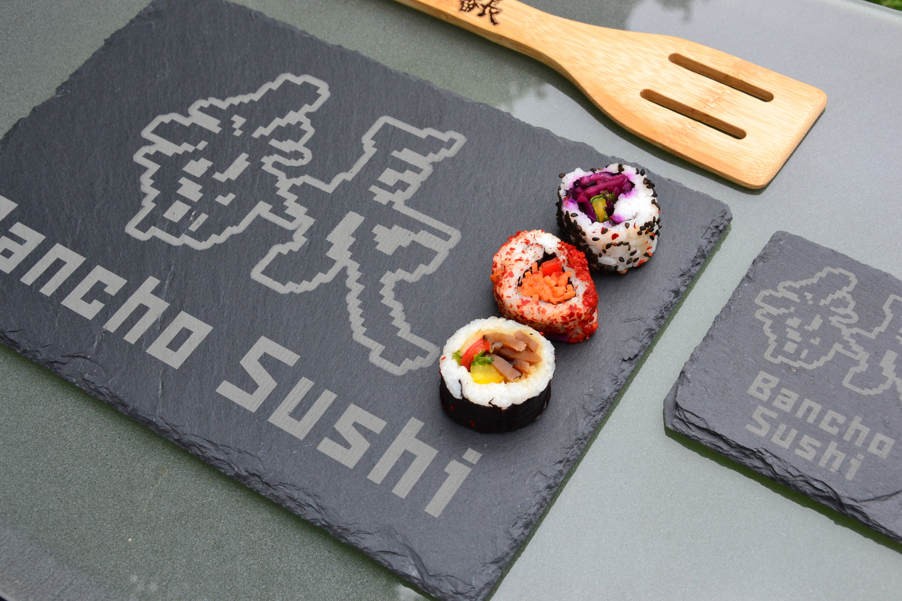 Bancho Sushi Slate Serving Board + Slate Coaster + Bamboo Spatula