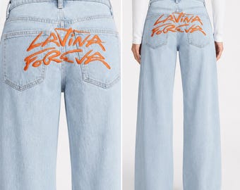 Latina Forever Jeans, Embroidered Denim Pants, Wide Leg Jeans, Chicana Style, Trendy Handmade Jeans, Festival Outfit, karol g, tropicoqueta