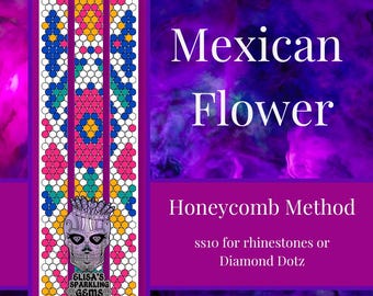 May include: Three black pens with a white, pink, blue, and yellow geometric pattern. The pattern is inspired by Mexican flower designs. The pens are labeled "Elisa's Sparkling Gems". The image includes the text "Mexican Flower Honeycomb Method ss10 for rhinestones or Diamond Dotz".