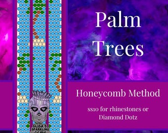 May include: A diagram showing how to make palm trees using the honeycomb method for rhinestones or diamond dotz. The diagram shows three rows of circles, each row representing a different color. The colors are blue, green, brown, and white.