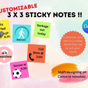 Custom 3 x 3 inch Sticky Notes | Personalized 3 x 3 notes | Notecard template | Custom Reminder notes | Digital Download