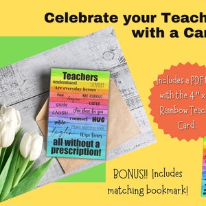 Celebrate Teacher's Day card | Rainbow Card for Teacher | Rainbow bookmark | Customizable
