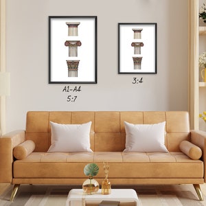 May include: Two framed prints of architectural column capitals. The larger print is labeled "A1-A4 5:7" and the smaller print is labeled "3:4". Both prints feature a white background and black frames.