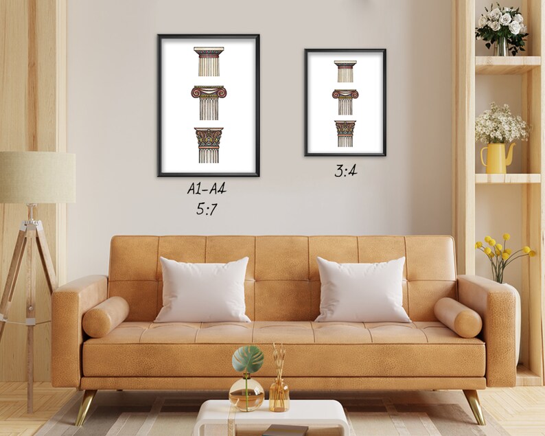 May include: Two framed prints of architectural column capitals. The larger print is labeled "A1-A4 5:7" and the smaller print is labeled "3:4". Both prints feature a white background and black frames.