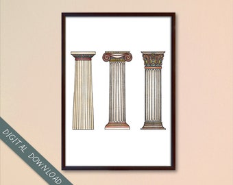 Ancient Greek Columns Poster, Watercolour line art, Student Gift, Printable Wall Art, Ancient History Art, Instant Download