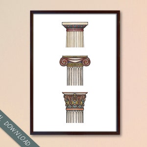 Ancient Greek Column Capitals Poster, Watercolour line art, Student Gift, Printable Wall Art, Ancient History Art, Instant Download