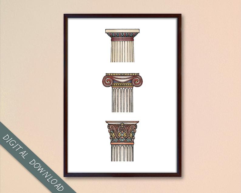 May include: Three different styles of architectural column capitals, illustrated in a vintage style. The capitals are shown in a white frame against a light beige background. The capitals are drawn in a detailed style with various colors, including red, blue, green, and yellow.