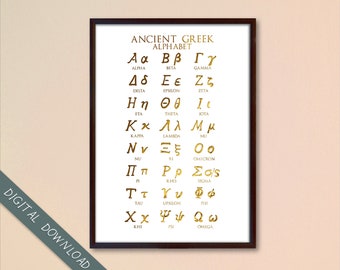 Ancient Greek Alphabet Poster in Gold, Watercolour line art, Student Gift, Printable Wall Art, Ancient History Art, Instant Download