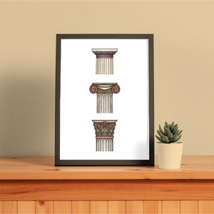 May include: A black framed print with three different styles of architectural column capitals. The capitals are drawn in a detailed style with various colors, including red, blue, yellow, and green.
