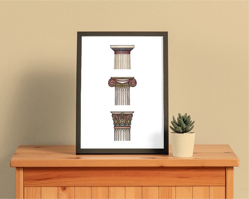 May include: A black framed print with three different styles of architectural column capitals. The capitals are drawn in a detailed style with various colors, including red, blue, yellow, and green.