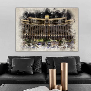 Las Vegas Bellagio Watercolour Print, Mens Bedroom Wall Art, Big Wall Art for Living Room, Print at home Wall Art, Digital Download Wall Art